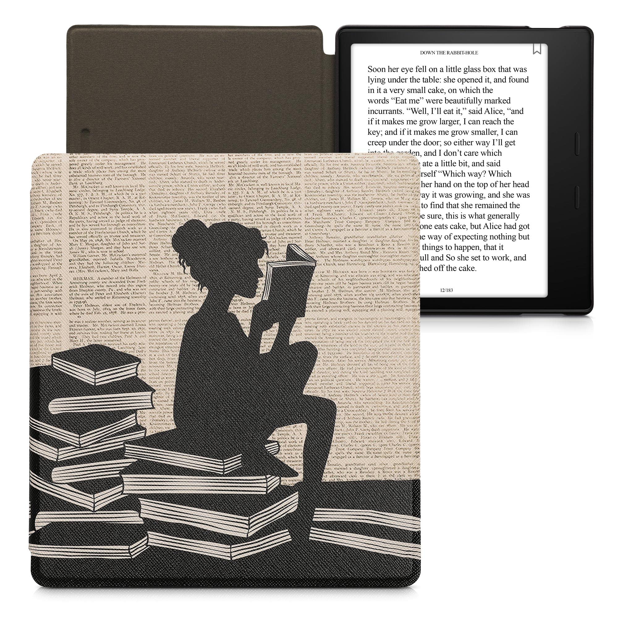 kwmobile Case Compatible with Amazon Kindle Oasis 10. Generation Case - eReader Cover - Girl and Books Black/Beige