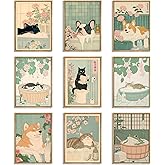 Japanese Bathroom Wall Art Posters Print Set of 9, Funny Animal Relaxing Canvas Wall Art, Japanese Wall Decor, Frog in a Bathtub Dog Cat Picture Poster for Bathroom Decor 8x10 inch Unframed