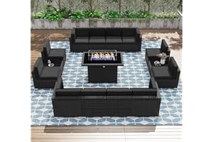 KHOLH 15 Pieces Patio Furniture Conversation Sofa Set with 44" Propane Gas Fire Pit Table, Outdoor Sectional Black Rattan Wicker Sofa Set