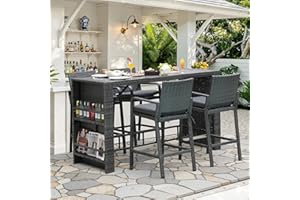 NICESOUL Wicker Outdoor Bar Set 5 Piece, 76" High Top Rattan Bar Table and Chairs Set of 4, Patio Counter Height Dining Table and Stools with Armrest & Cushions for Outside Backyard Poolside, Gray