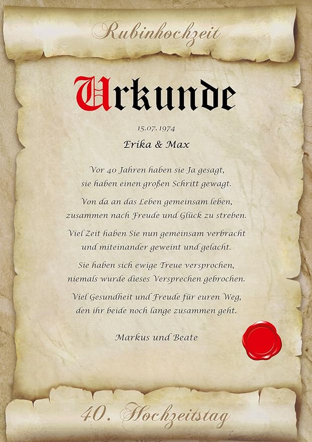 Rubinhochzeit Urkunde personalisiert Geschenk Karte zum 40. Hochzeitstag DIN A4
