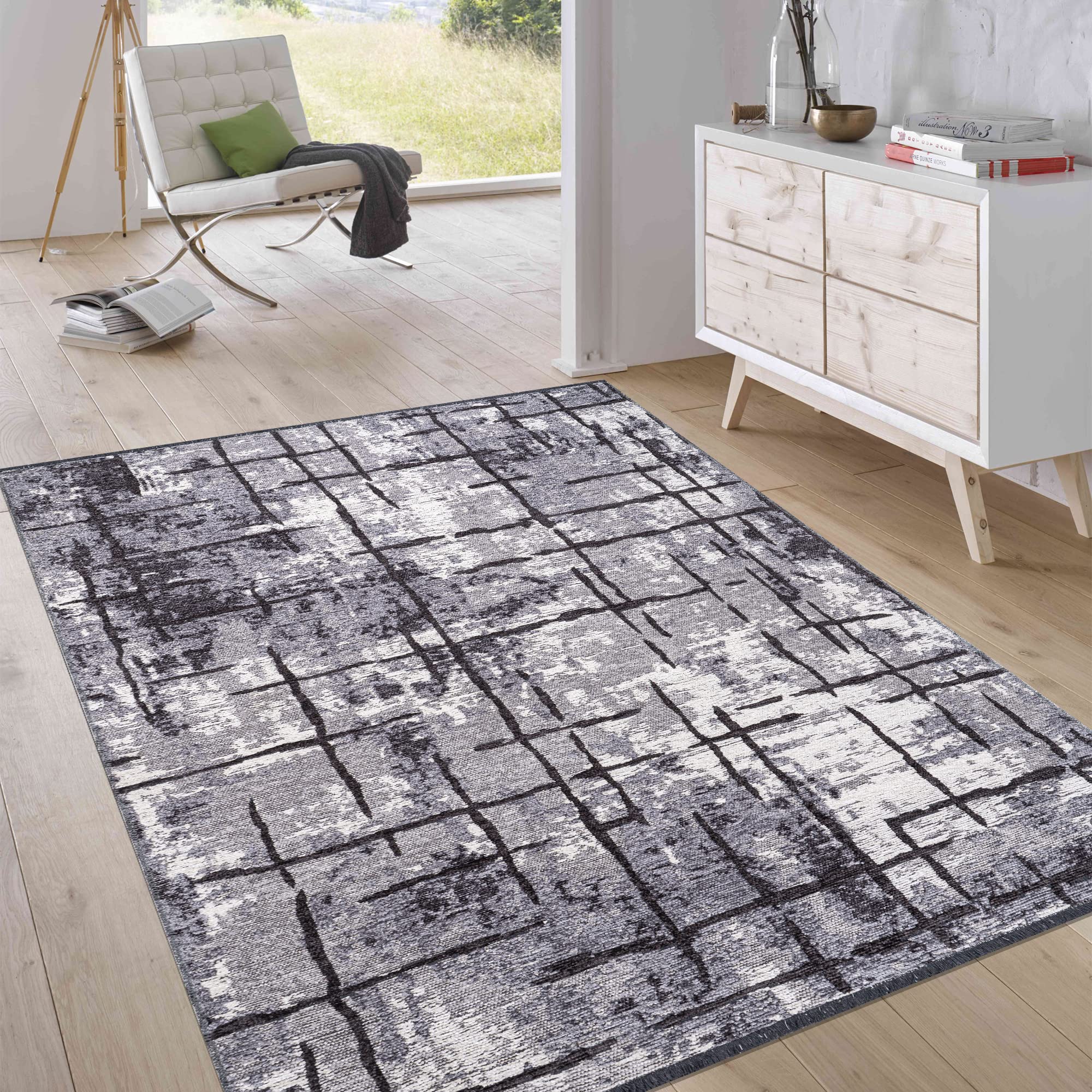 Jimri Short Pile Reversible Rug - Flat Woven Rug for Bedroom & Living Room, Entrance, Hallway - Machine Made Soft Polyester & Cotton Runner - Striped Light Grey, Size: 75 x 150 cm