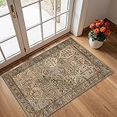 Bavni 2x3 Entryway Rug Bathroom Rugs for Front Door Bedroom Bathroom Kitchen, Washable Vintage Print Carpet, Ultra-Thin Chenille Lightweight Rug with Non Slip Backing, Warm Taupe
