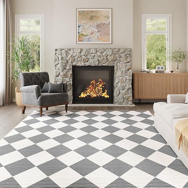 ARKIIKI 3X5 WASHABLE CHECKERED RUGS FOR BEDROOM, GREY AND WHITE AREA RUG FOR LIVING ROOM, GEOMETRIC DIAMOND INDOOR RUG FOR KIDS, GIRLS, BOYS PLAYROOM, DORM, NURSERY, DINING ROOM, KITCHEN, NON SLIP