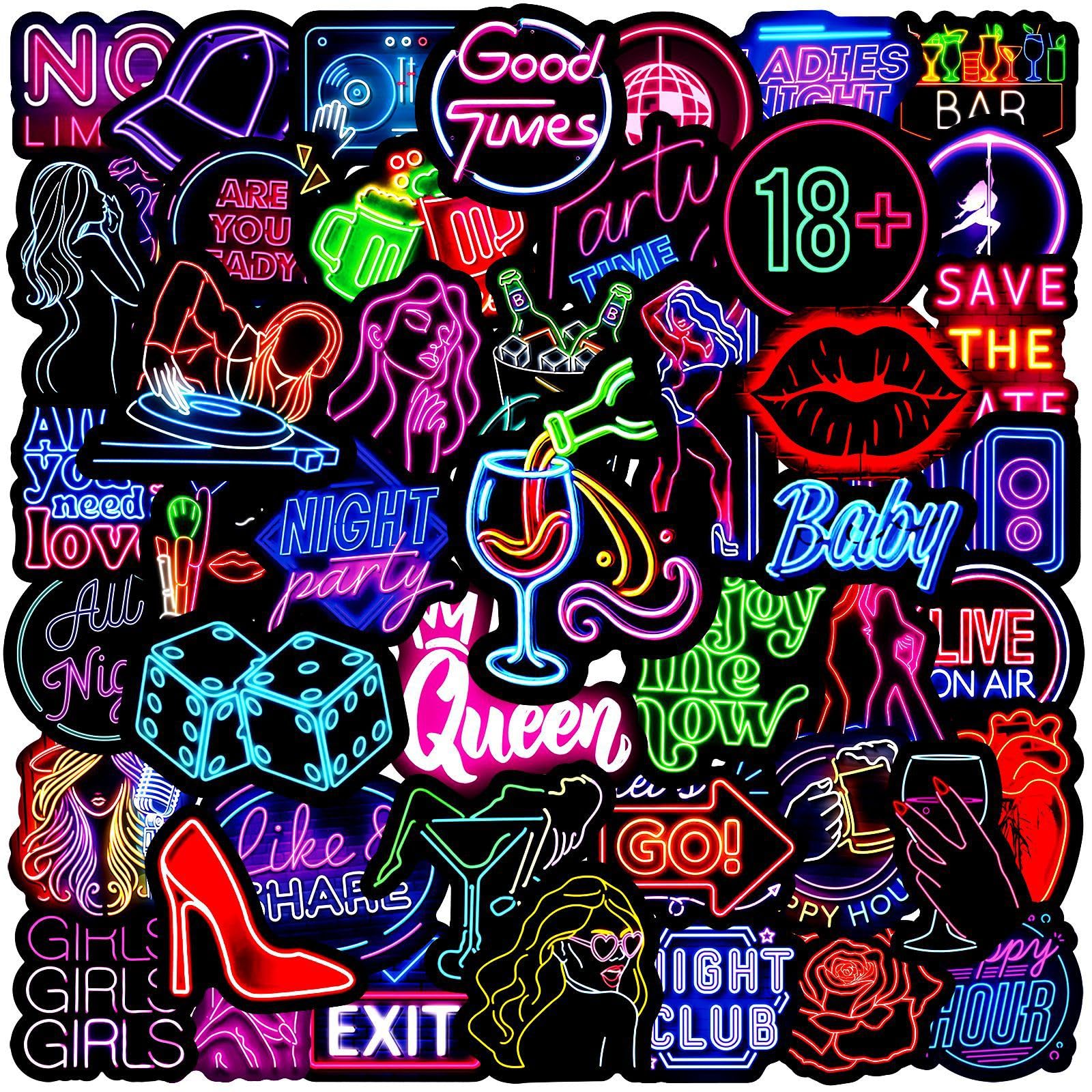 50 Pcs Neon Stickers for Kids Teens Adults Boys Girls Gift, Neon Night Club Stickers Pack for Laptop,Skateboard,Luggage,Car,Bike,Cup,Computer,Water Bottle Decor,Vinyl Waterproof Decals