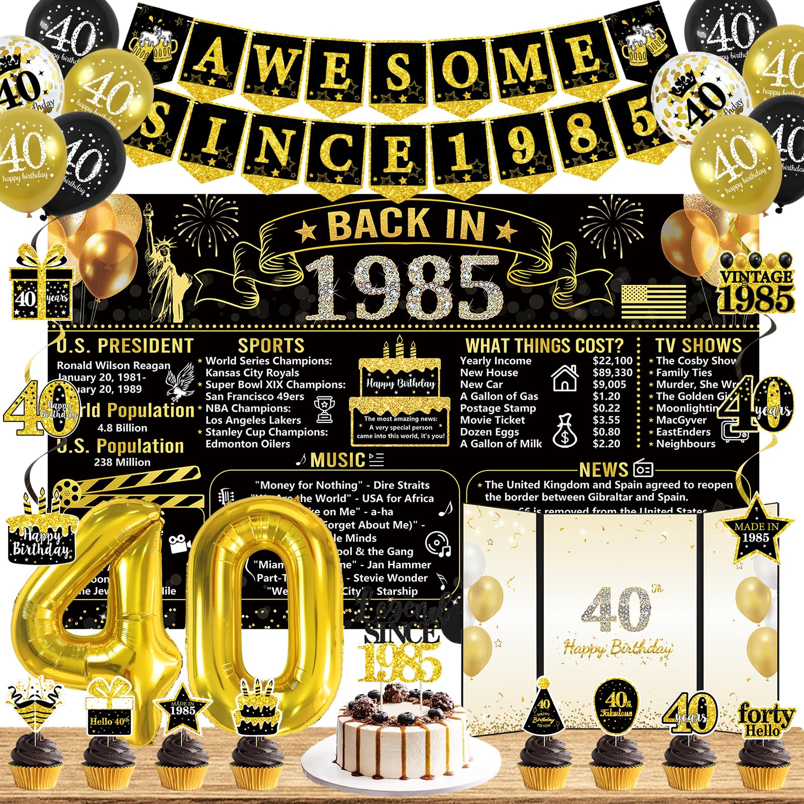 Photo 1 of Trgowaul 40th Birthday Decorations for Men Women, 32PCS Back in 1985 Birthday Party Supplies, Vintage Black Gold Birthday Banner, 40th Birthday Alternative Signature Guest Book, Cheers to 40 Years Old