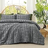 Amélie Home Boho Comforter Set Queen Size, 3 Piece Gray Boho Bedding Set, Rustic Farmhouse Luxury Gift for Women Home Decor, Soft Cozy Diamond Comforter for All Seasons
