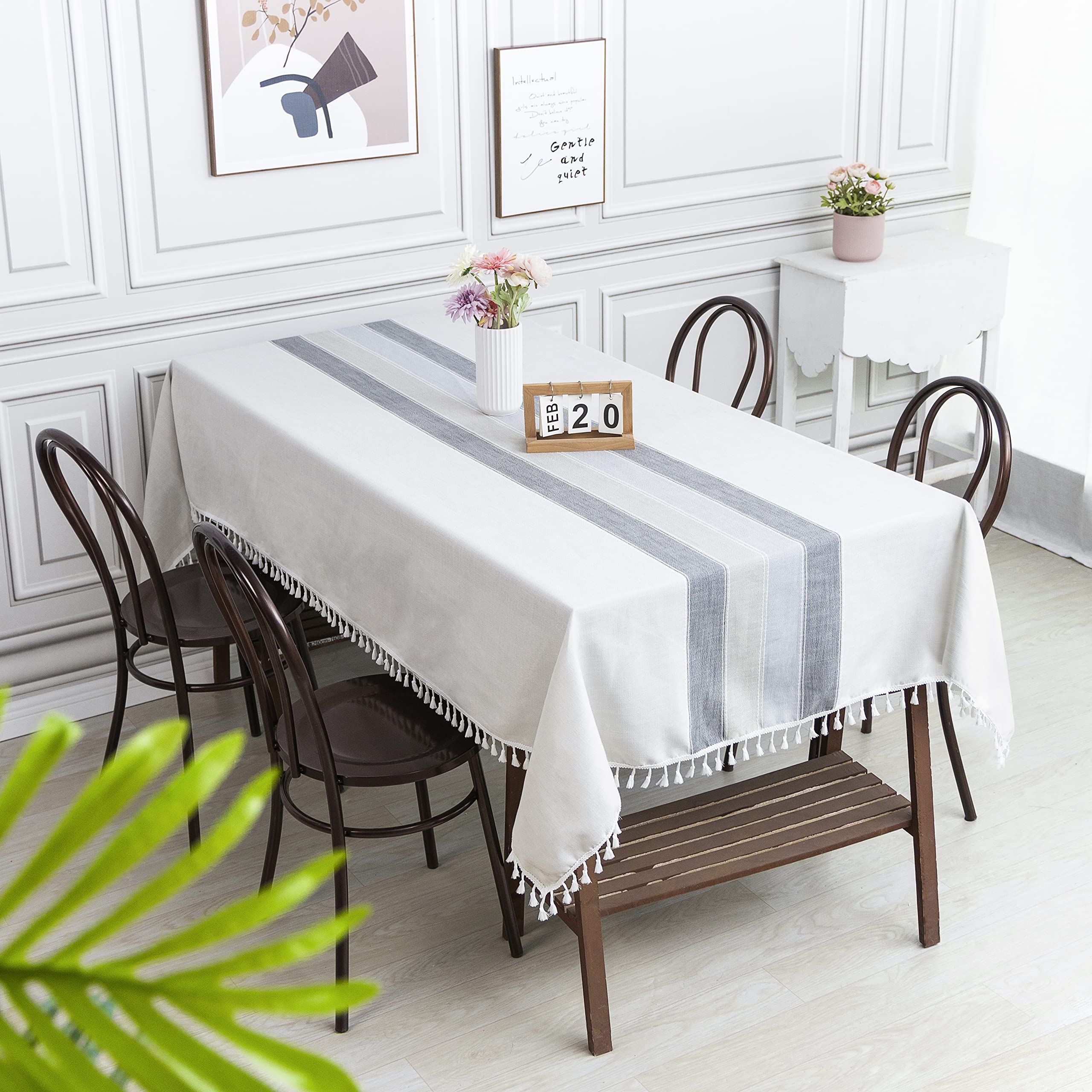 SUNBEAUTY Grey Table Cloths Rectangular Cotton Linen Table Cloth Wipeable Elegant Table Cover 140x200 cm with Tassel Fringe Decoration for Kitchen Dining Table - 55 x 78 inch