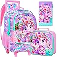 FTJCF 3Pcs Rolling Backpack for Girls, Kids Roller School Backpack with Wheels, Dinosaur Wheeled Bookbag for Elementary Preschool Kindergarten(Pink)