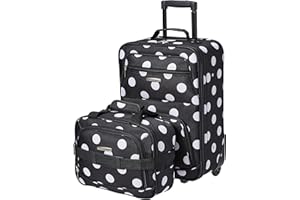 Rockland Fashion Softside Upright Luggage Set,Expandable, Telescopic Handle, Wheel, Black Dot, 2-Piece (14/19)