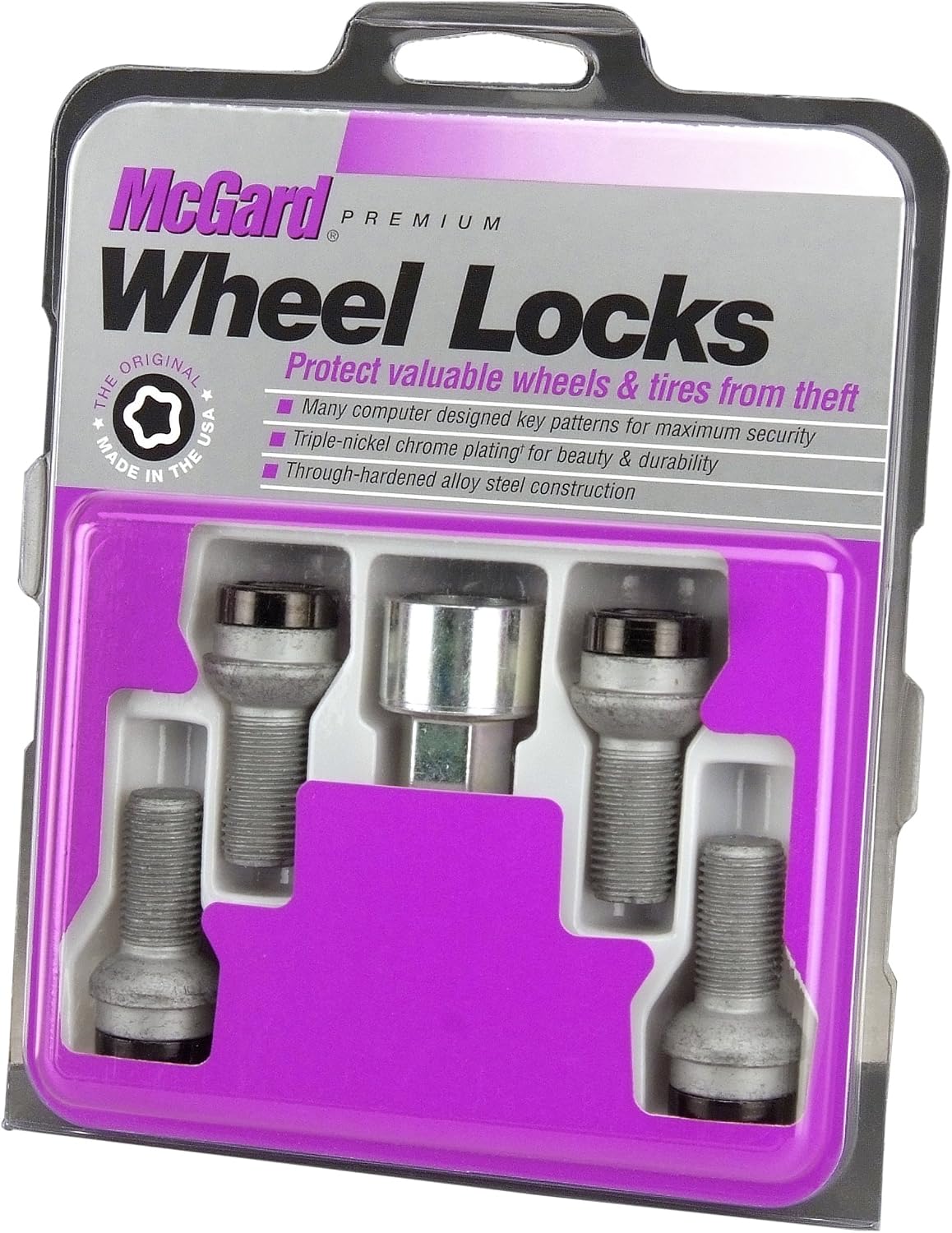McGard 28318 Chrome/Black Wheel Lock Bolt Set - Radius Seat, M14x1.5 Thread, 48mm Length (4 Locks + 1 Key)