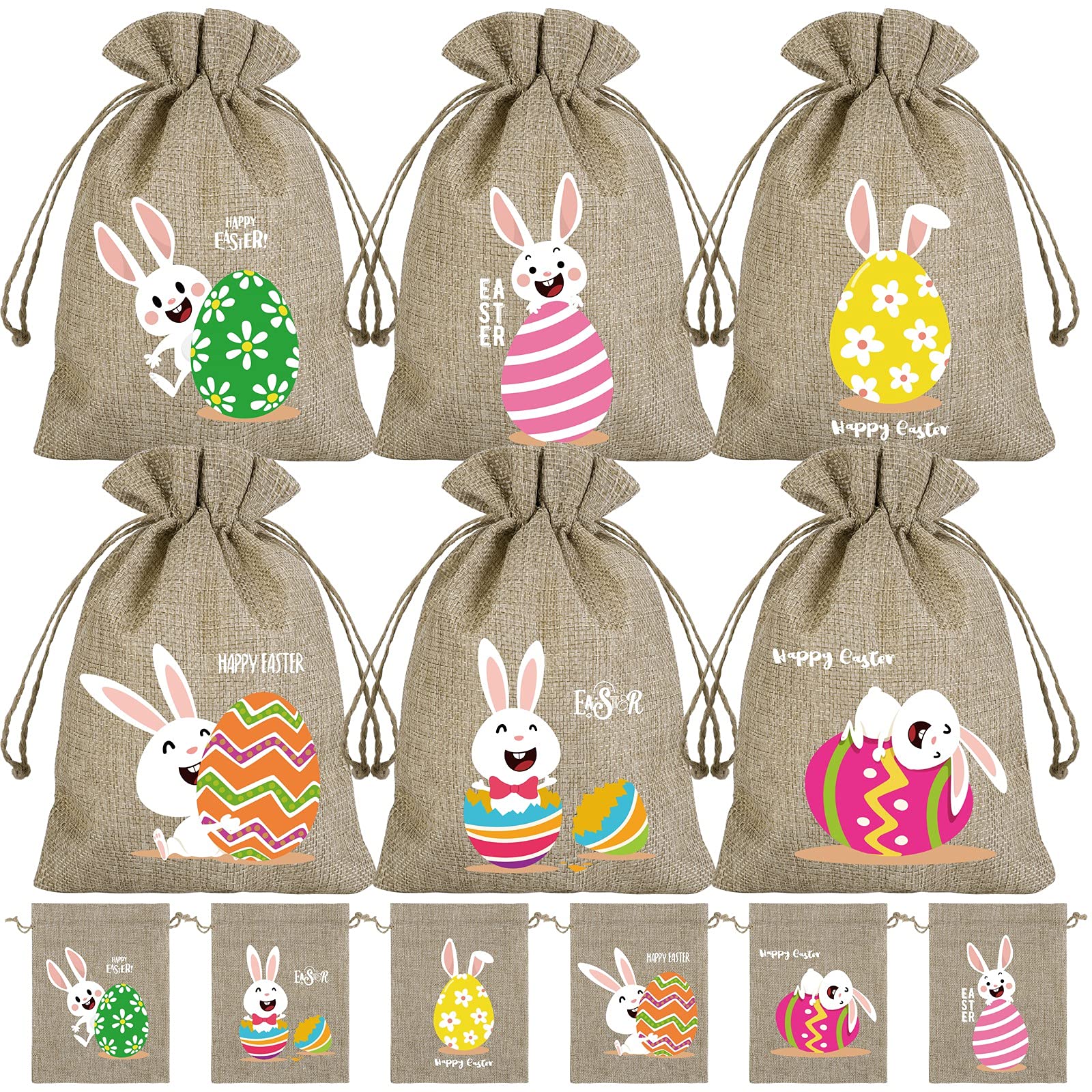 ELCOHO 12 Pieces Easter Linen Jute Drawstring Gift Bag 5.9 x 7.9 Inch Easter Party Burlap Bags with Drawstring Gift Pouch Bags Candy Pouch Snack Sack for Wedding, Party, Birthday, DIY Craft