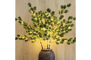MINDELF 3 PCS Christmas Lighted Branches for Vases, 147 Lights with Pine Needles and Red Berries, Battery Operated, Timer, Handmade Artificial Evergreen Sprig Twinkle Trees for Indoor Outdoor