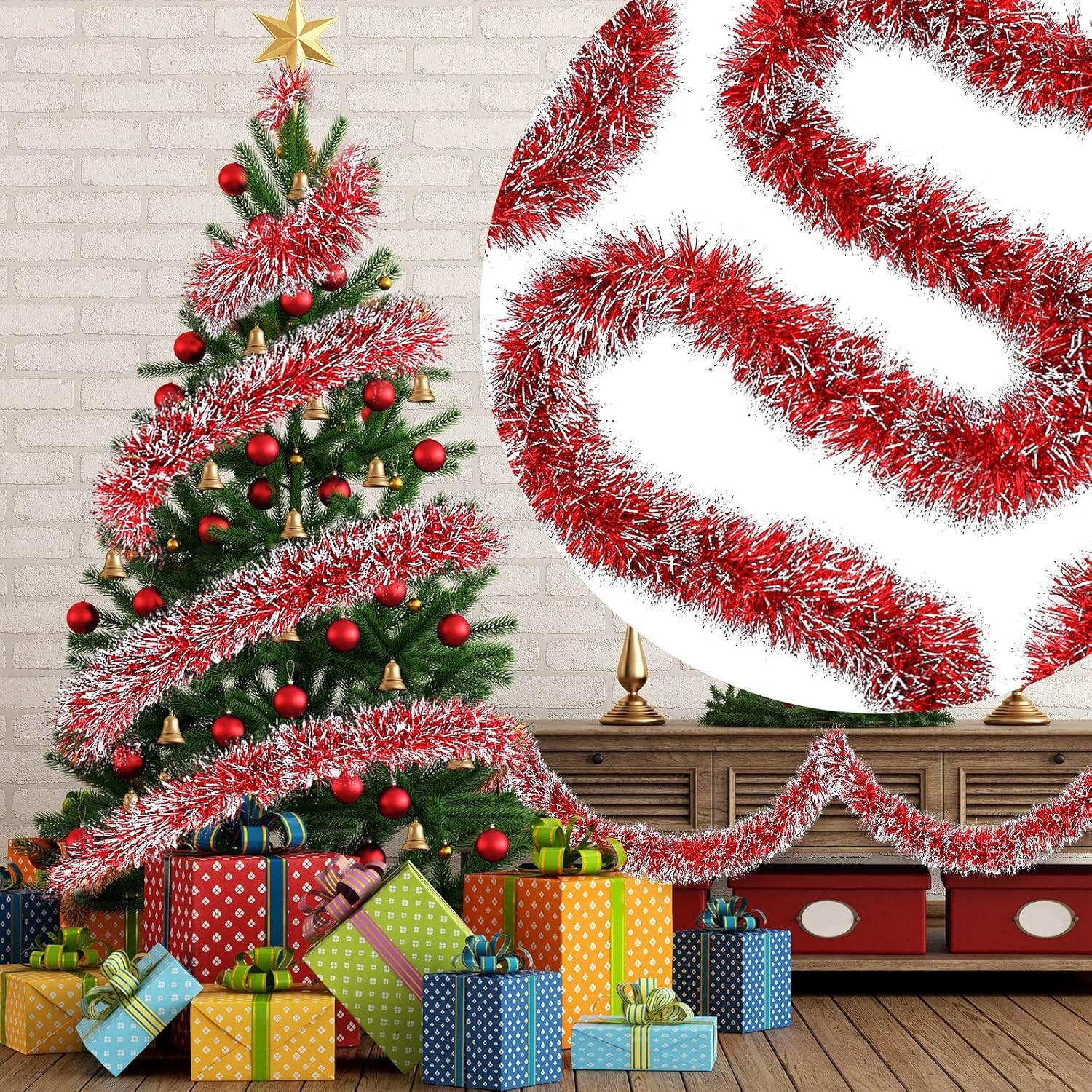 Wreaths, Garlands & Swags - Dilunave 50 Feet Christmas Tinsel Garland Metallic Twist Garland Frost Tip Glitter Xmas Tree Decorations Shiny Wreath for Christmas Party Supplies Indoor and Outdoor Decor, 3.5 Inch Wide (Red, White)