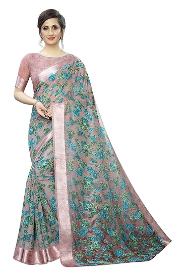 Womens Digital Linen Saree with Unstitched Blouse Piece (DigiBuble)