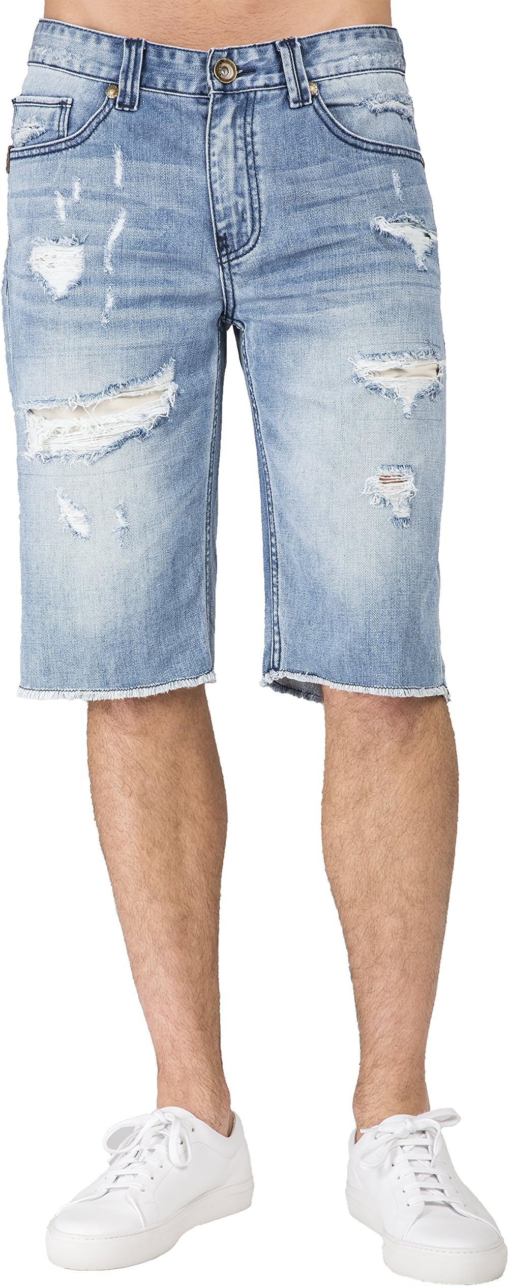 Men's Light Blue Relax Premium Denim Cut Off Shorts Distressed Mended Raw Edge