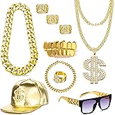 MEDOJO 80 90s Hip Hop Costume Outfit Kit Fake Golden Chain Dollar Sign Cap CZ Grillz Teeth Rapper Accessories Set
