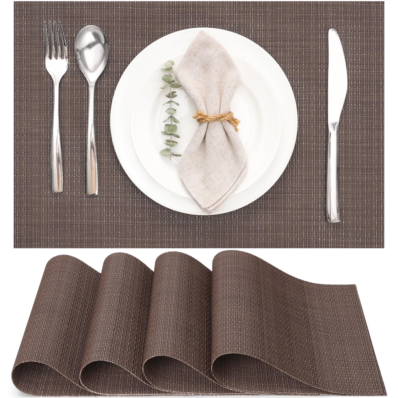 Myir JUN Table Mats Set of 4, Place Mats Table Placemats Washable Non-slip Heat Insulation Woven Vinyl for Kitchen Dinning Restaurant 17"X12" (Coffee)