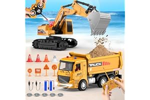 YAYYAY 2 Pack Construction Toy Trucks - Remote Control Excavator + Dump Truck with Lights and Sounds, RC Construction Vehicles Excavator Toy Set for Boys Ages 6 7 8+