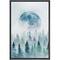 SIGNWIN Framed Canvas Wall Art Foggy Green Forest with Blue Moon Astronomy & Space Cosmic Watercolor Abstract Modern Scenic Relax/Calm for Living Room, Bedroom, Office - 16