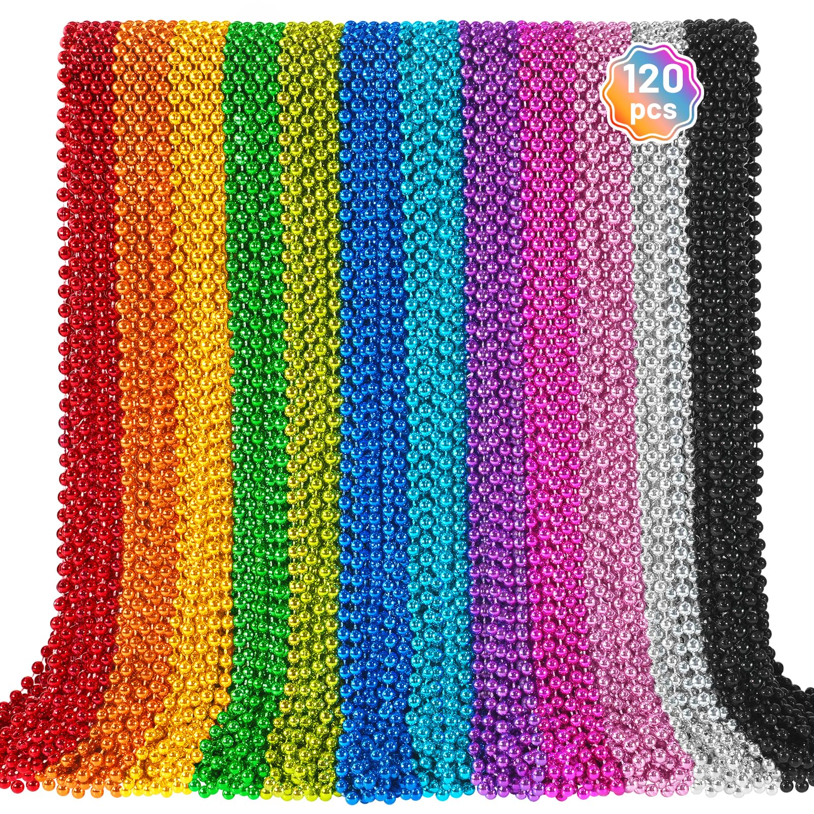 Photo 1 of 120 PCS Mardi Gras Beads, Party Beads Necklaces for Mardi Gras, Christmas, St. Patrick's Day, Metallic Colorful Necklaces Accessories in 12 Colors