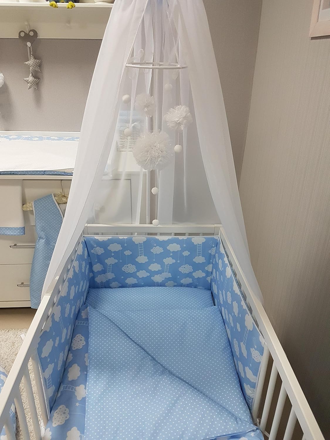 Baldaquin Moustiquaire Tour De Lit Pour Lit De Bebe De 70 X 140 Cm Babymajawelt Parure De Lit De Bebe De 4 Pieces Housse De Couette 100 X 135 Cm Ciel Matelas