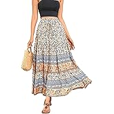 R.Vivimos Womens Summer Cotton Vintage Floral Print Boho Casual Ruffled Flowy Maxi Skirt