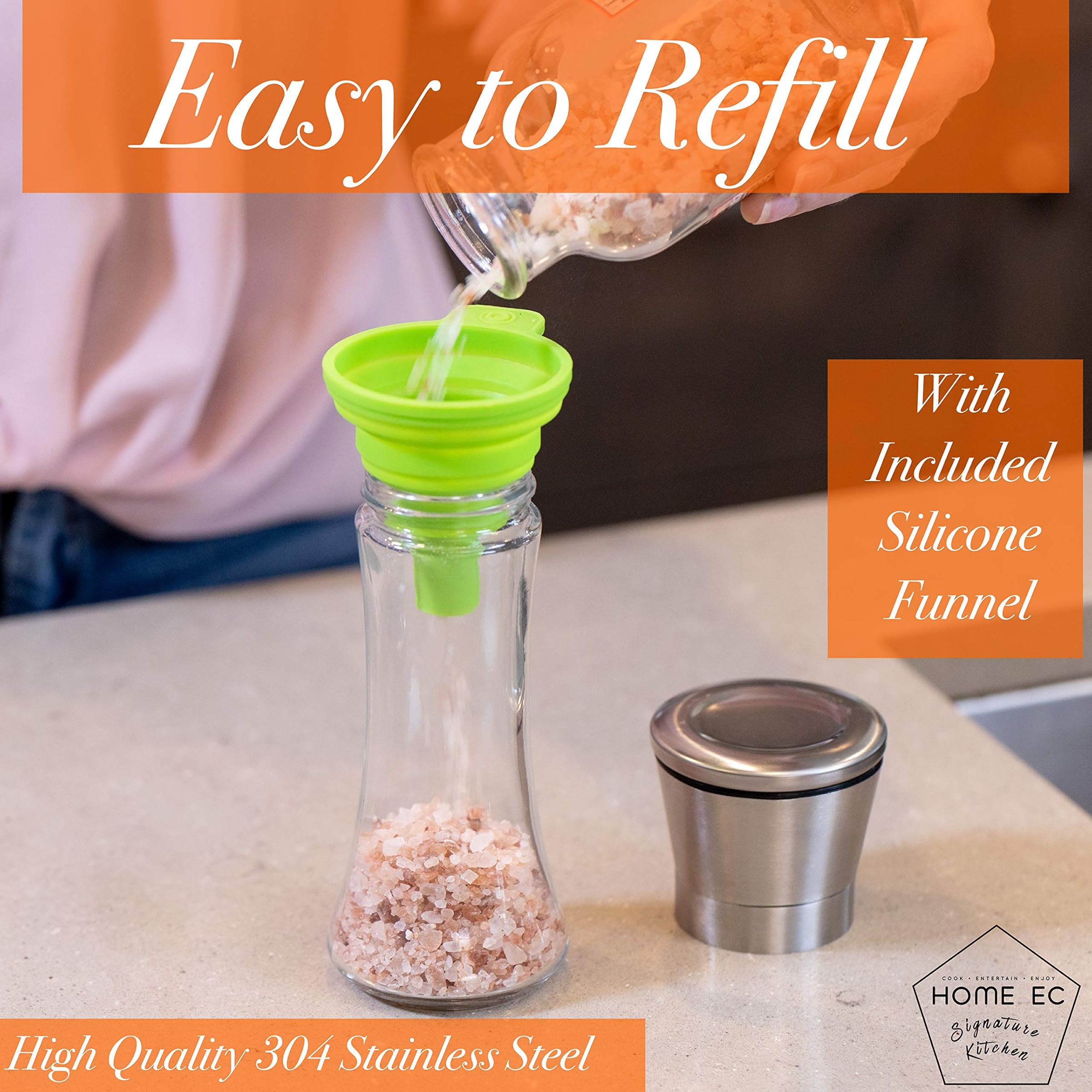 (Tall) - Premium Stainless Steel Salt and Pepper Grinder Set of 2 - Adjustable Ceramic Sea Salt Grinder & Pepper Grinder - Tall Glass Salt and Pepper Shakers - Pepper Mill & Salt Mill with Free Funnel & EBook