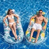 2 Pack Pool Floats Adult Heavy Duty-Adult Pool Float Lounger with Cup Holders, Backrest &amp; Footrest Pool Lounge Float Pool Floaties Rafts for Beach Lake Party(Pink, Blue)