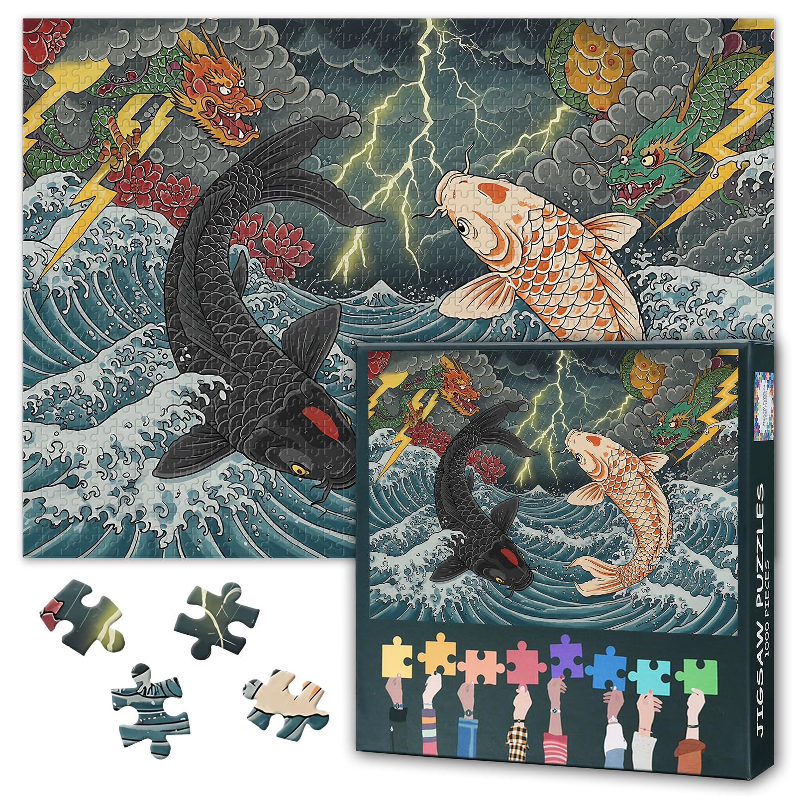 Koi Fish Puzzles for Adults 1000 Pieces, Fierce Dragons and Lightning Jigsaw Puzzles, Yinyang Jigsaw Puzzle, Educational Fun Games or Toys for Elders Friends 20X27 INCH