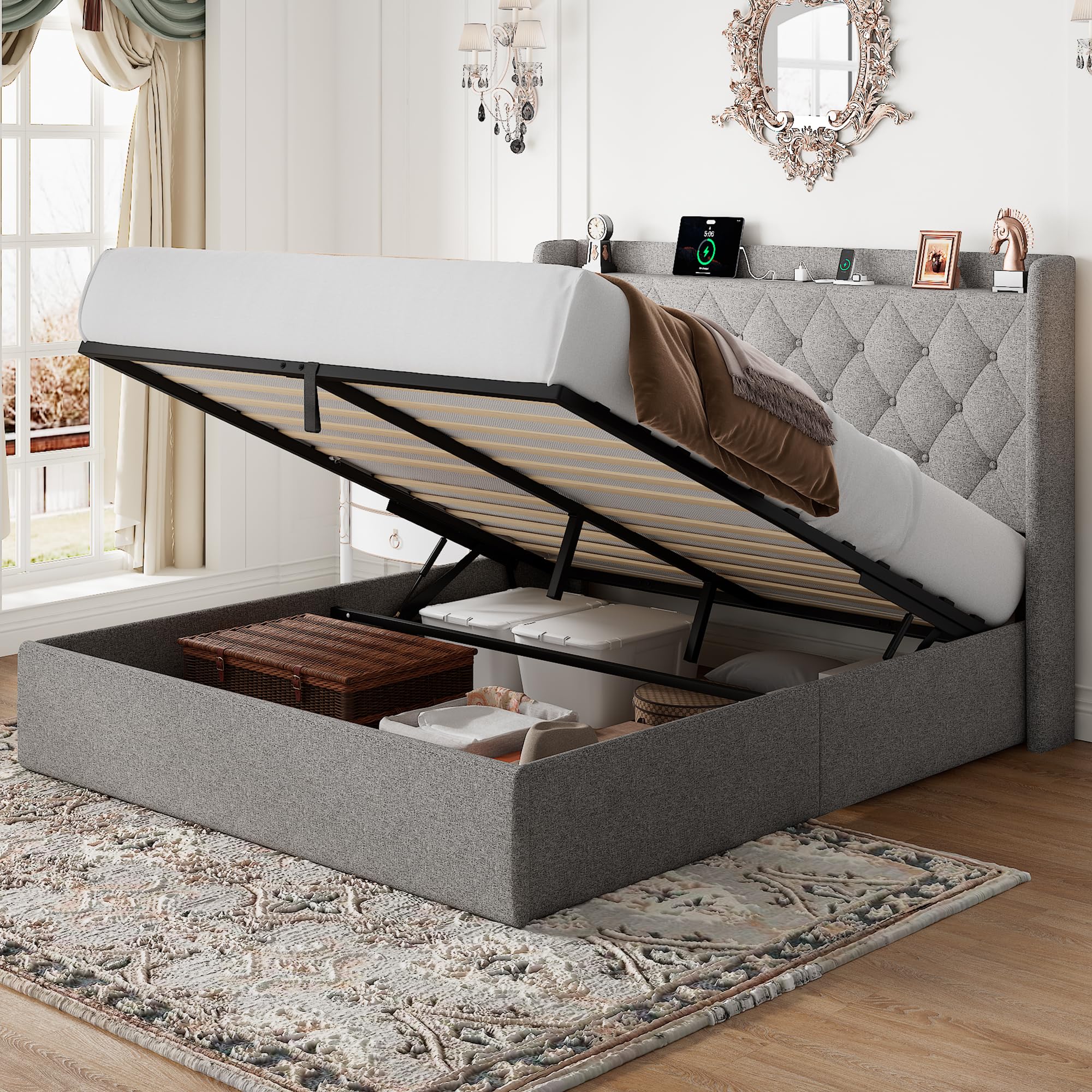 Feonase Full Size Lift Up Storage Bed Frame with Charging Station ...