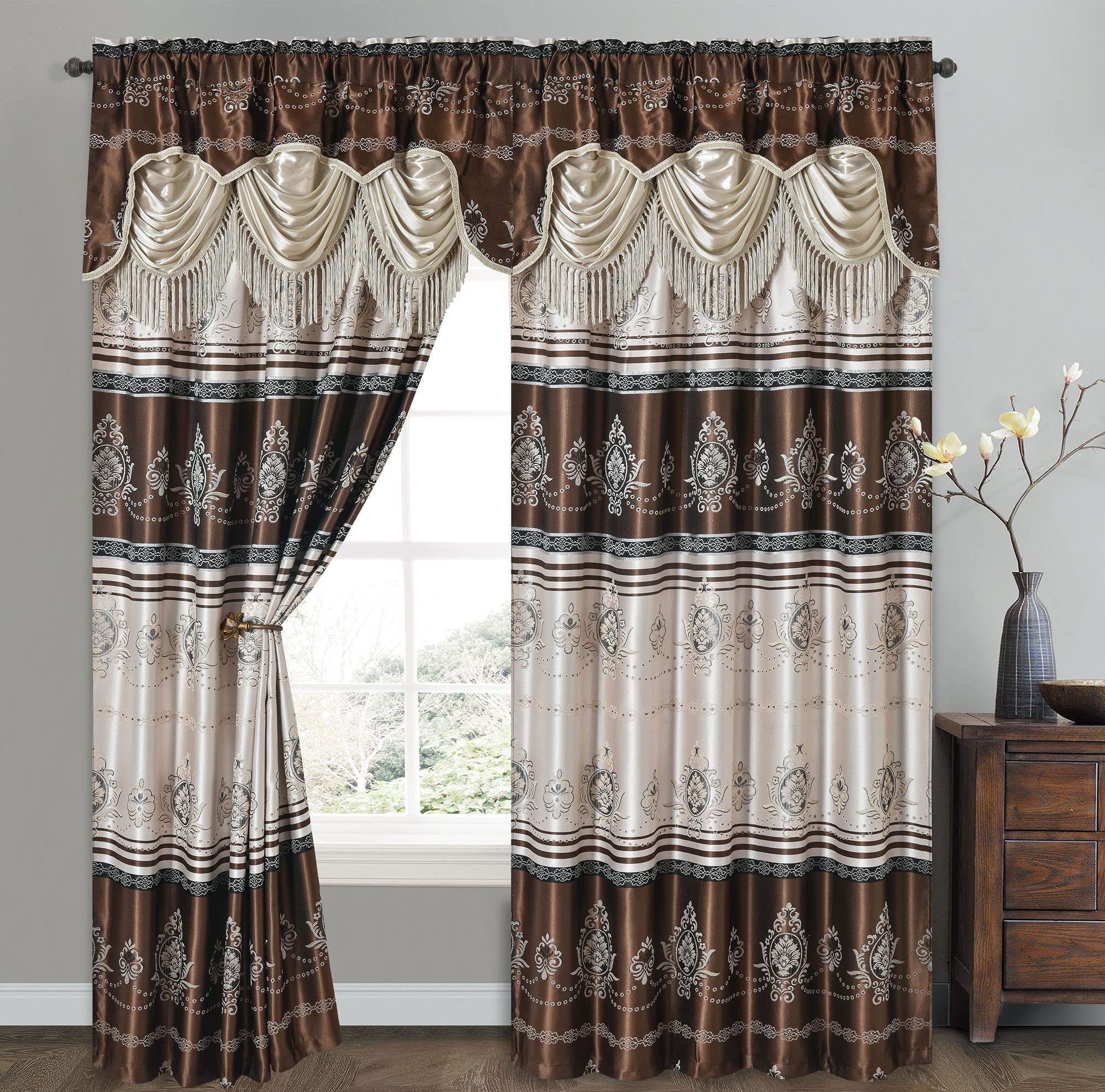 GOHD Golden Ocean Home Decor Harmony Horizon. Jacquard Window Curtain Panel Drape with Attached Fancy Valance. 2pcs Set. Each pc 54" Wide x 90" Drop with 18" Valance. (Brown)