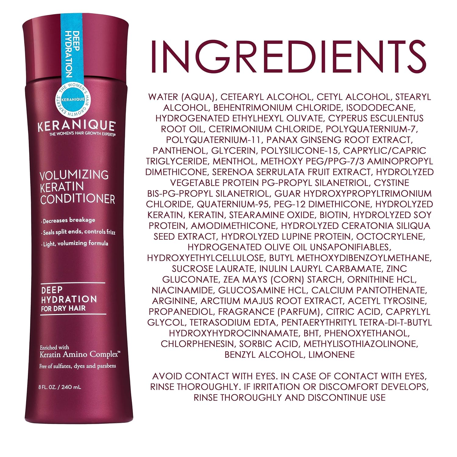 Keranique Volumizing Keratin Conditioner Deep Hydration for Hair Growth and Thinning Hair | Keratin Amino Complex, Free of Sulfates, Dyes and Parabens, 8 Fl Oz: Beauty