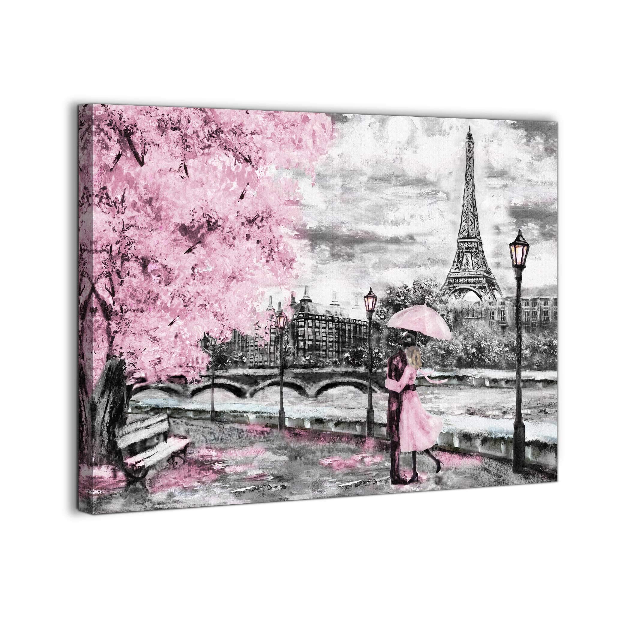 Paris Canvas Wall Art for Bedroom - Pink Theme Girls Room Black and White Eiffel Tower Pictures for Bathroom - Modern Framed Artwork Size 16x24