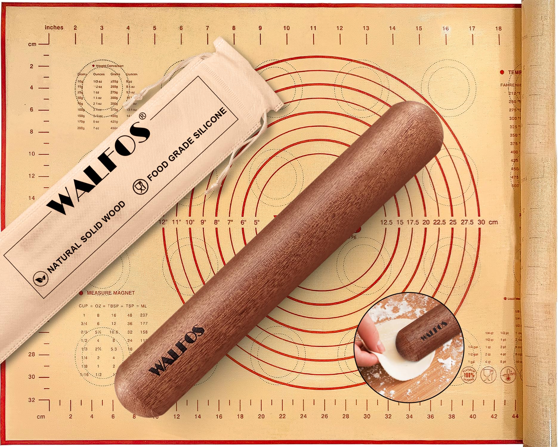 Walfos Mini Rolling Pin Set - Small Natural Wooden