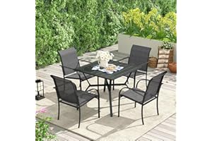 VICLLAX Patio 5 Pieces Outdoor Dining Set for 4, 36" Square Metal Dining Table with Umbrella Hole and 4 Stackable Textilene Chairs for Patio, Lawn, Garden, Porch, Black/Grey