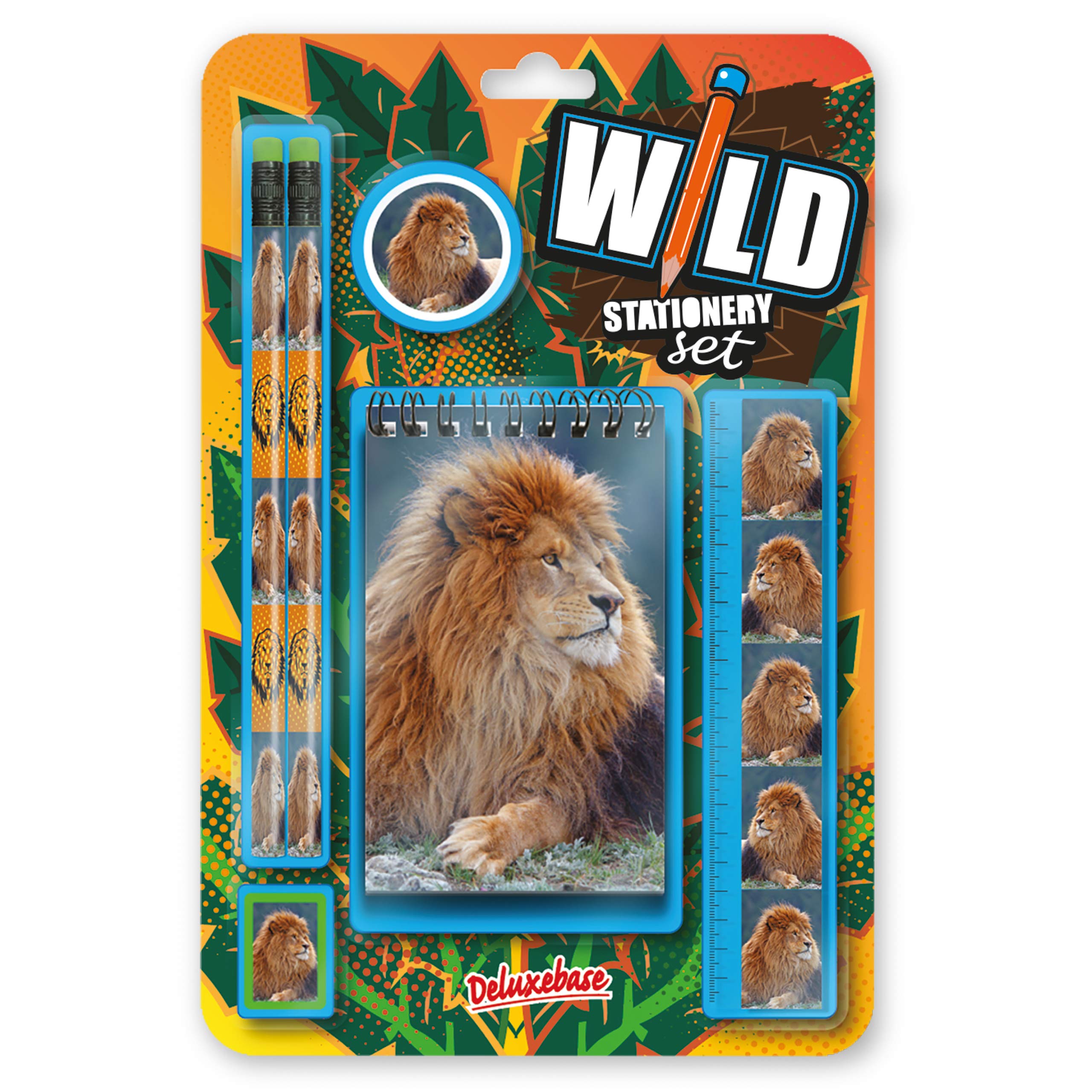 Deluxebase Wild Stationery Set โ Lion, 6 Piece School Supplies Set including Notebook, 2 Pencils, Ruler, Pencil Eraser and Sharpener, Fun Animal Stationery Gifts for Kids and Students. โ image 1