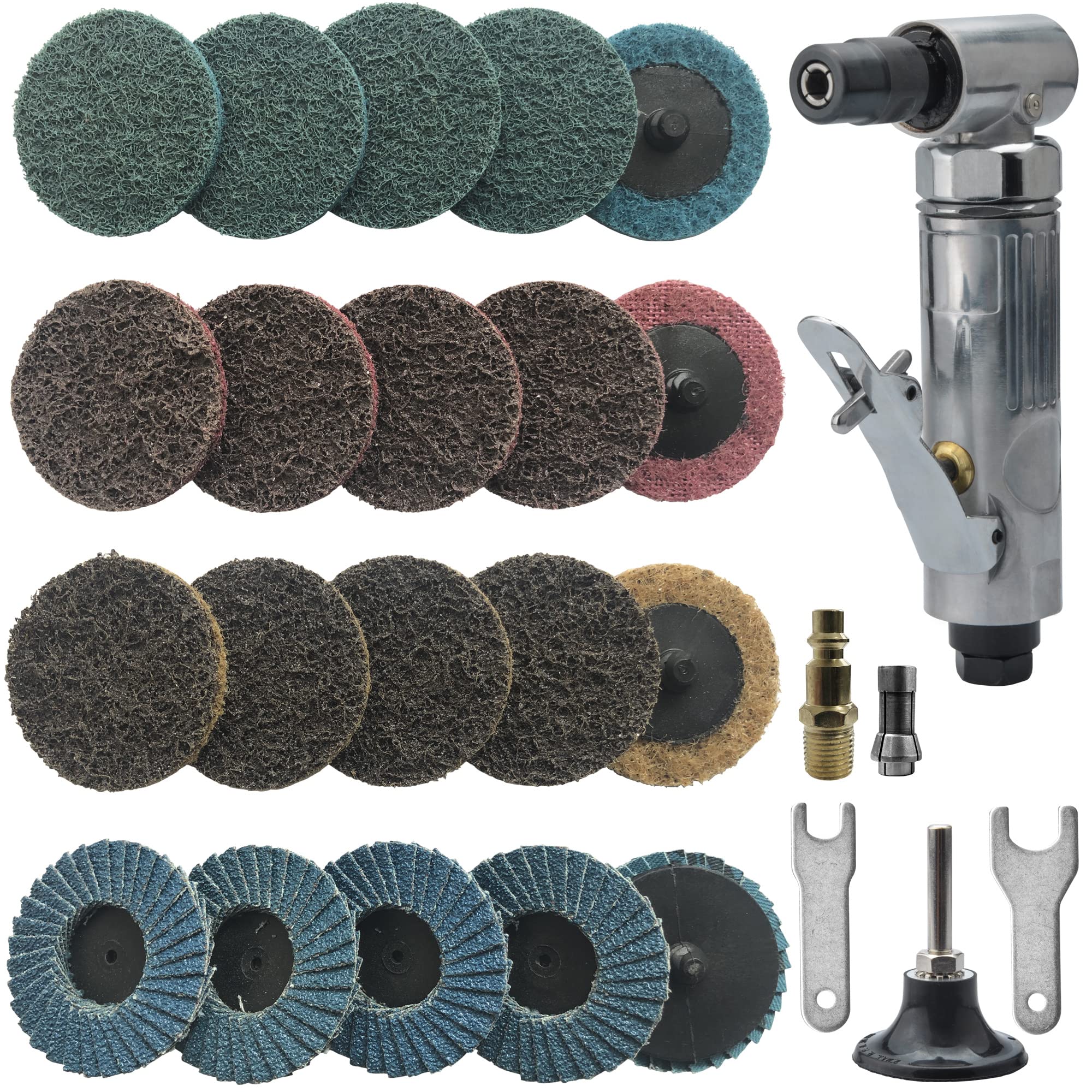 1/4" air die grinder with 20 pcs sanding discs, right angle, ergonomic grip, polished angle pneumatic die grinder, air die grinder kit