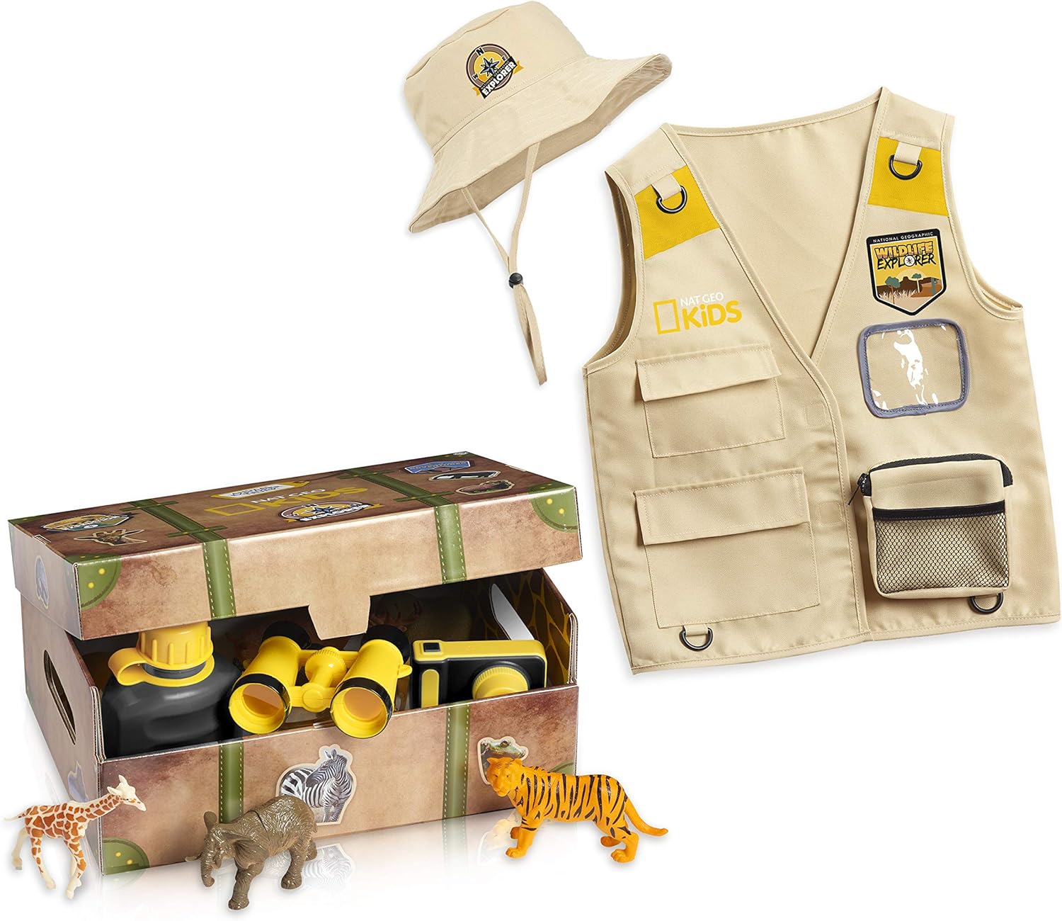 National Geographic Kids Safari Time Dress Up Trunk, Size 4-6X, 17 Piece Kids Pretend Play Costume and Accessory Set,  Exclusive by Just Play: Toys & Games