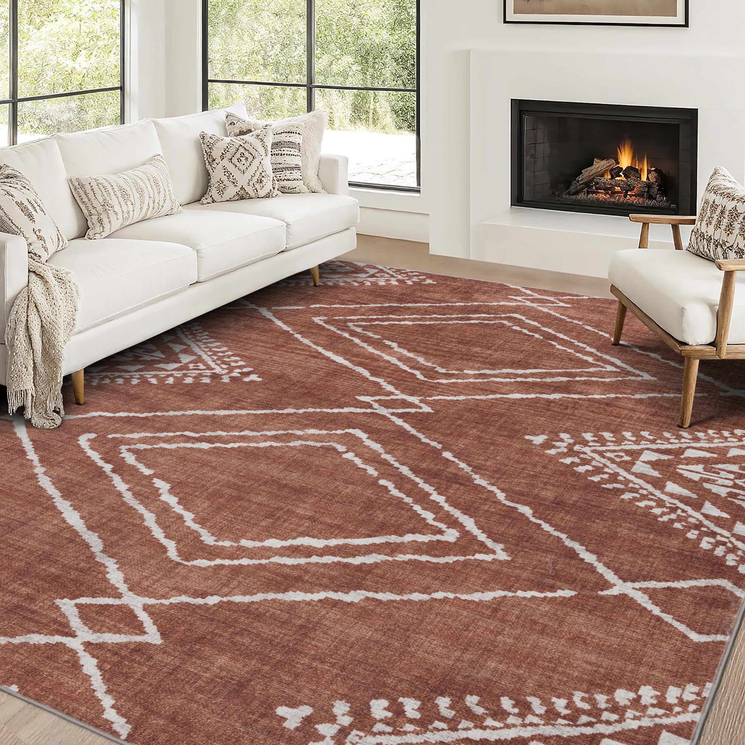 Photo 1 of *** package is damaged, but not product **
ReaLife Rugs Machine Washable Area Rug - Living Room Bedroom Bathroom Kitchen Entryway Office - Padded Low Pile Stain Resistant Premium - Moroccan Diamond Tribal - Jax - Orange 4' x 6'