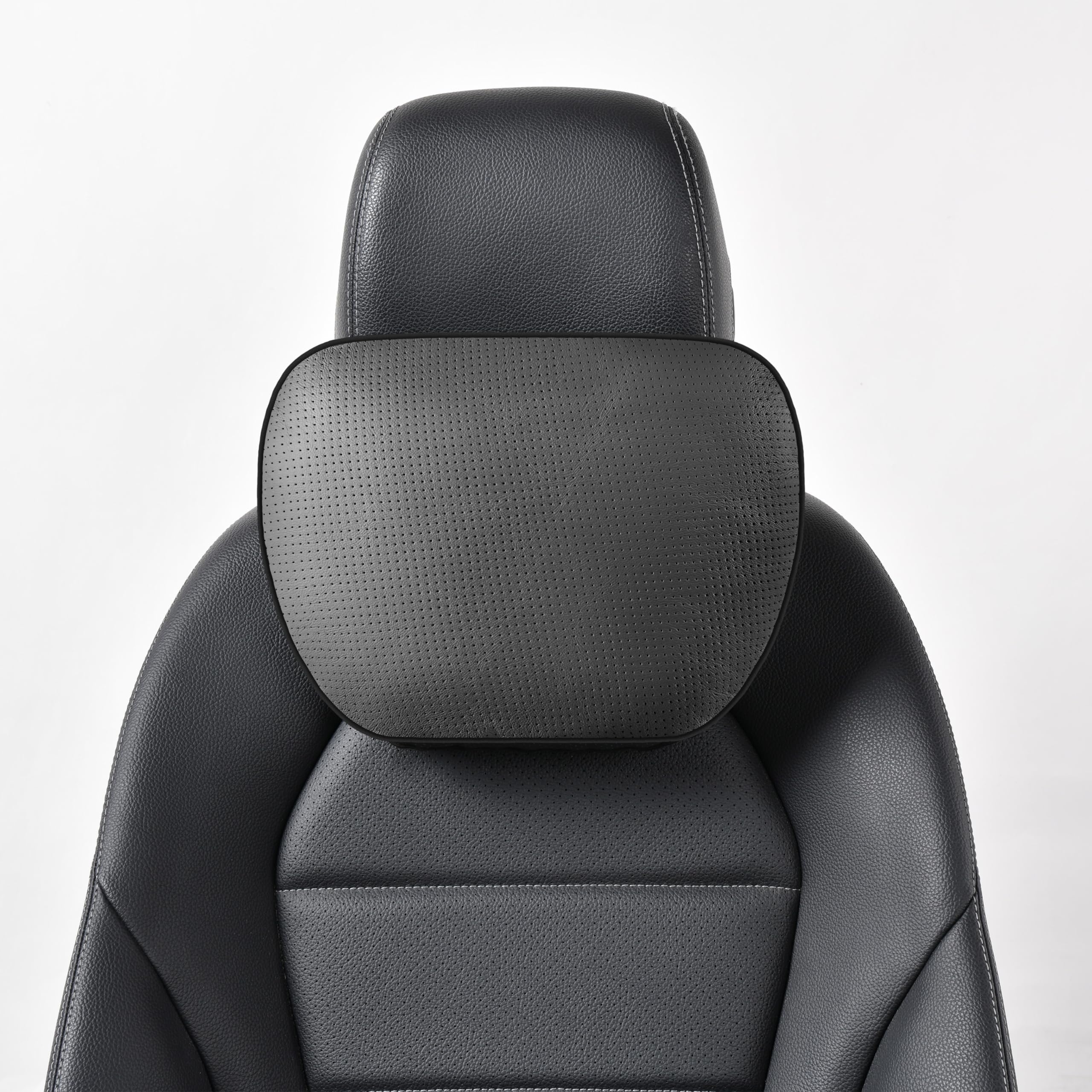 Photo 1 of POKSRI Genuine Leather Car Neck Pillow for headrest,Support Drive Seats Head Cushion,Real Cow Leather,11.8x7.5”,Plant-Based Polyester,Thickness & Height Adjustable,Inner Liner fillable(Black,1p)