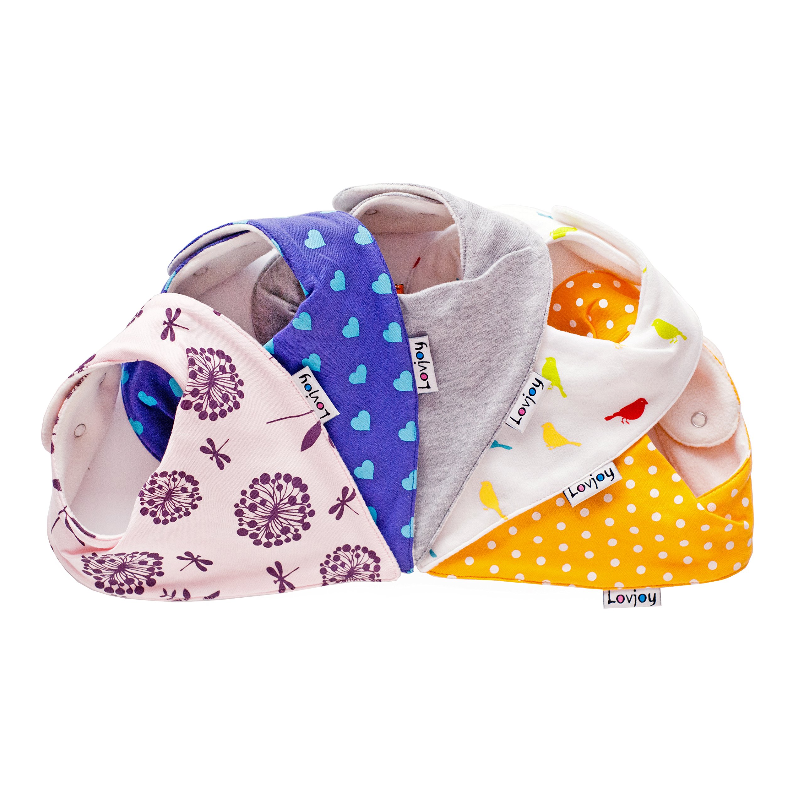 Lovjoy Bandana Dribble Bibs - Super Absorbent & Soft for Teething Babies - Adjustable Snaps - Fits Newborn to 3 years - 5 Pack (Chirpy & Cheerful)