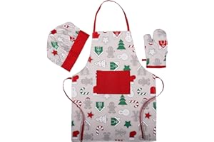 AMOUR INFINI 100% Cotton Christmas Fun 3-Piece Kitchen Set| Kid's Aprons, Oven Mitts, and Chef Hats| Kitchen Play,Cooking,Grilling,Baking,Thanksgiving,Christmas Gift for Girls, Boys & Junior Chefs