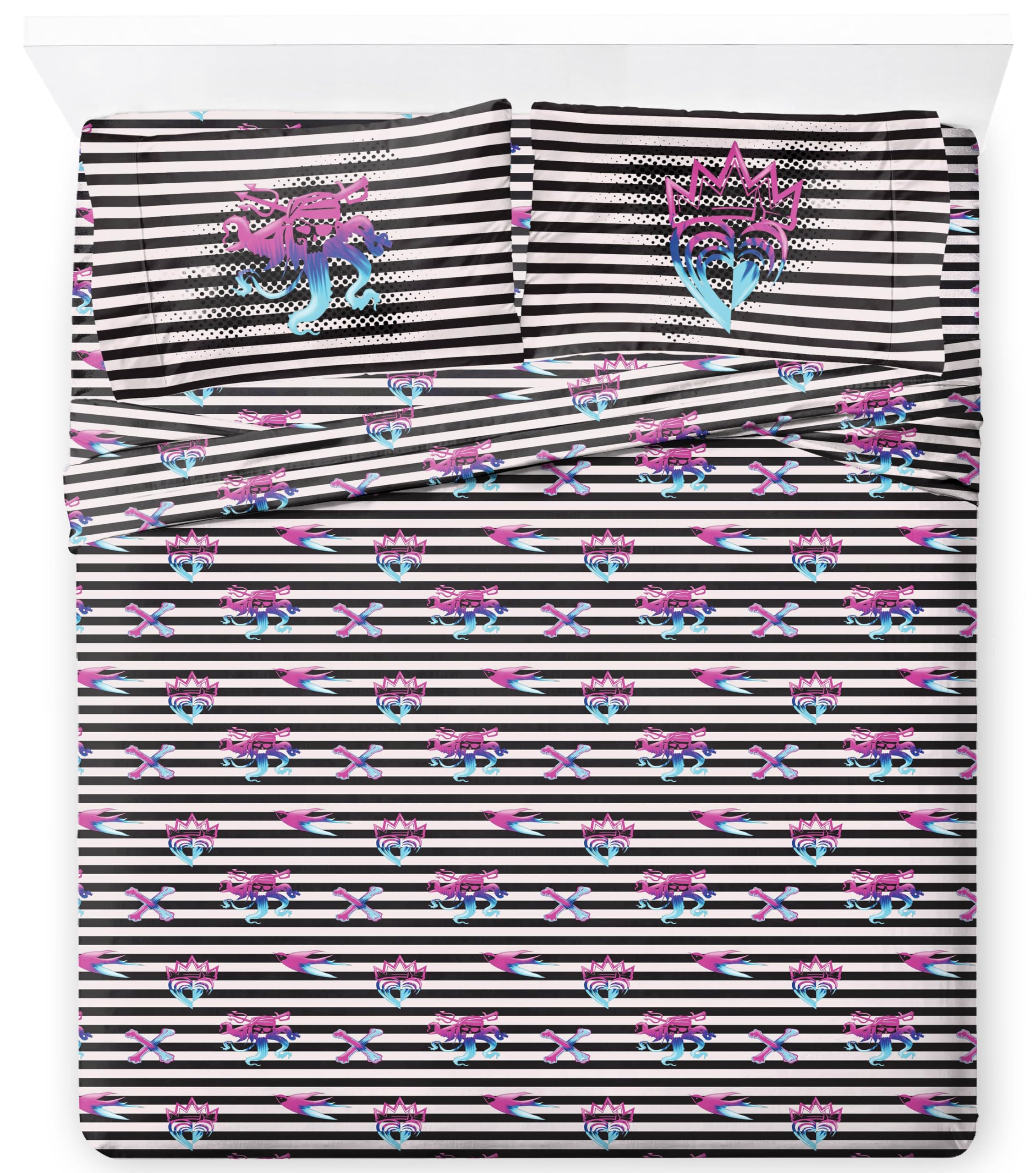 Jay Franco Kids Sheet Set with Fitted, Flat Sheets & Pillow Cover - Ultra-Soft Bedding with Pillowcase for Room Decor, Multi Color - Descendants, 4 Piece Queen Image