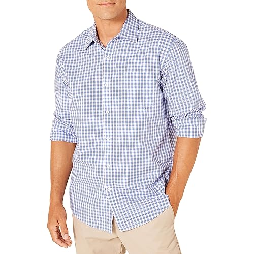 Amazon Essentials Men's Regular-Fit Long-Sleeve Casual Poplin Shirt, Blue Checks, Medium