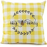 Boston International Accent Pillows White and Yellow Check Decorative Throw Pillow, 14" Square, Hey Honey
