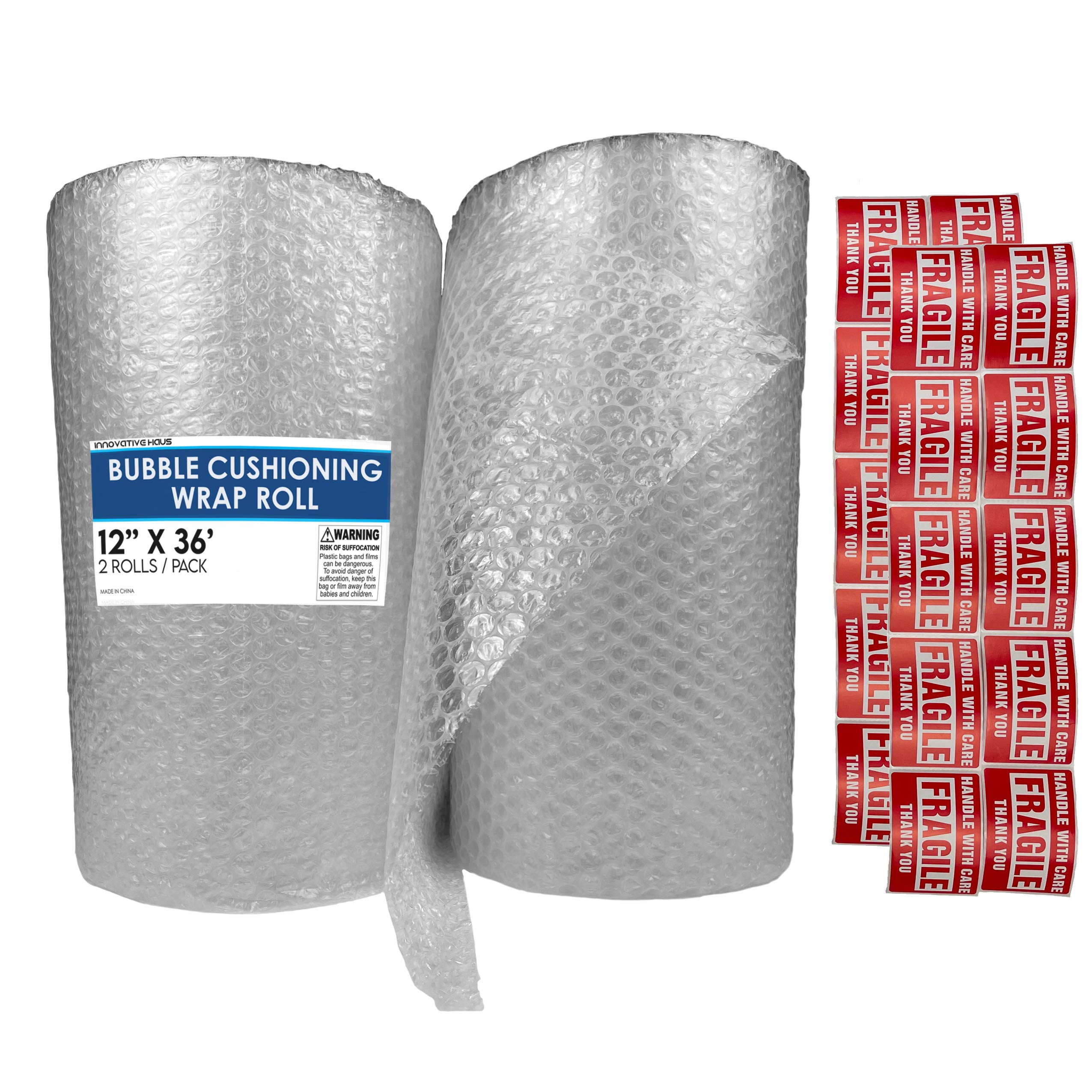 Innovative Haus 2 Rolls 12 Inch x 36 Feet, Total 72 Feet Small Bubble Cushioning Wrap Rolls. Perforated Every 12". Includes 20 Fragile Sticker Labels for Packaging Moving Boxes and Shipping Supplies.