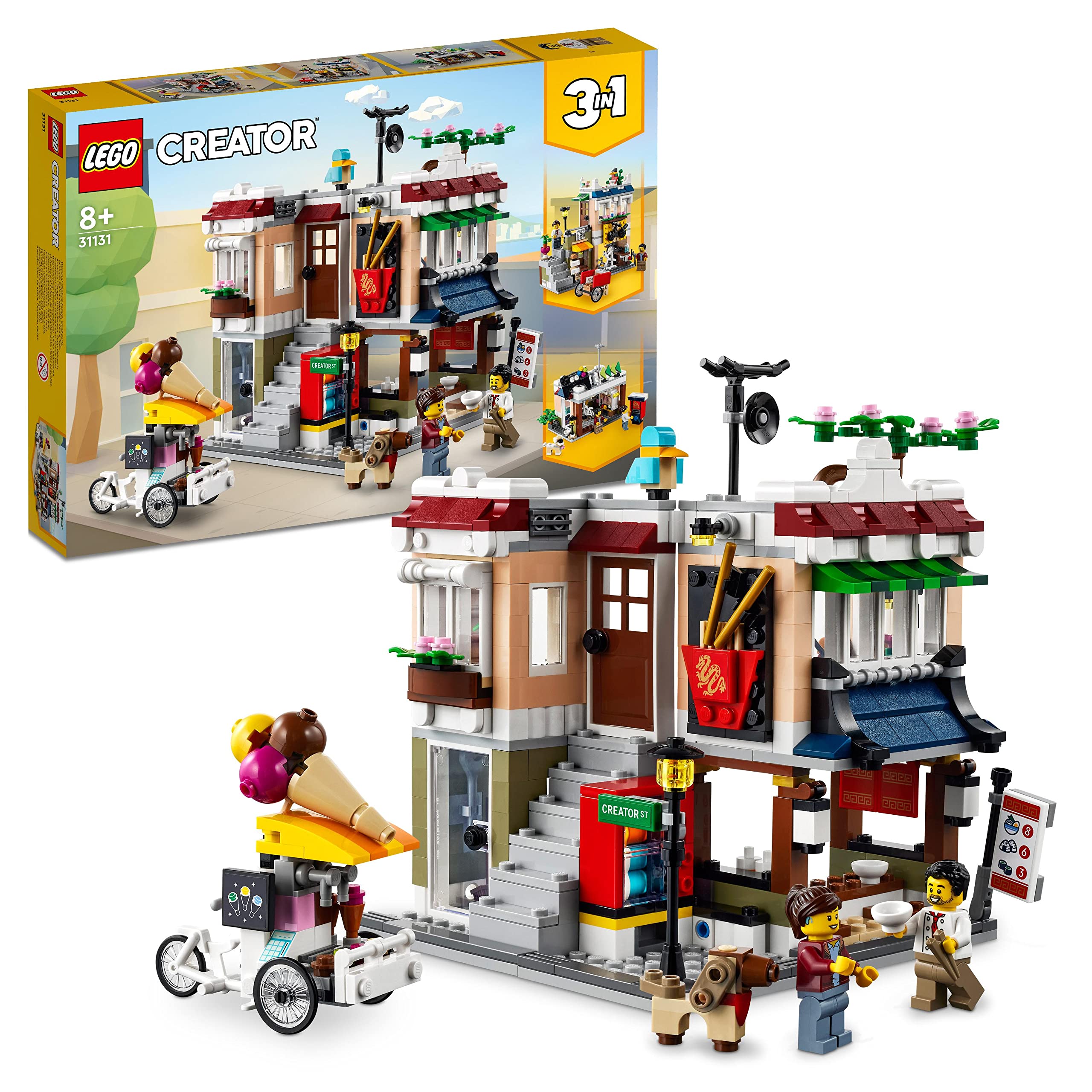 LEGO Creator 3in1 Downtown Noodle Shop 31131 Building Kit; Features a Townhouse, Bike Shop and Arcade; Inspires Endless Fun Stories and Imaginative Play for Kids Aged 8+ (569 Pieces)