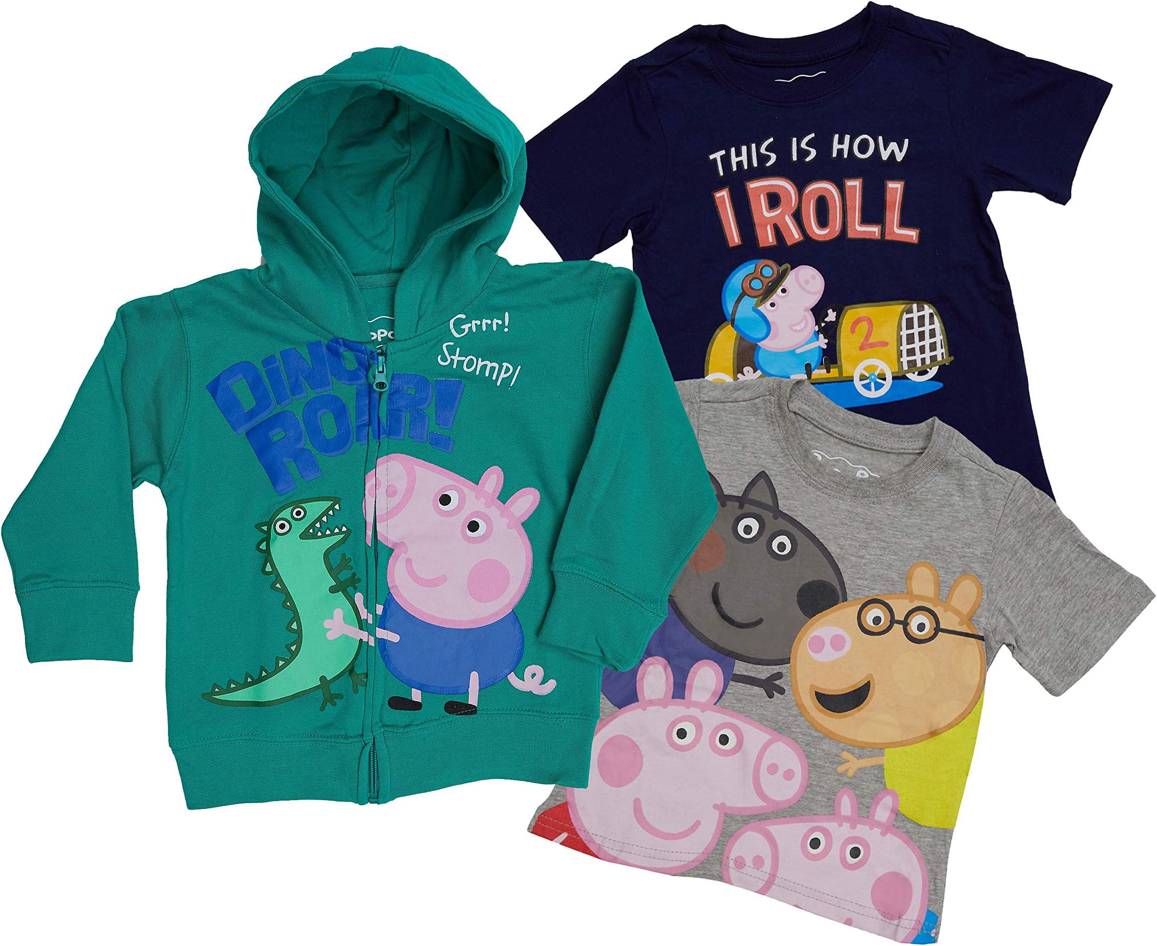 Peppa Pig Toddler Baby Boys' 3 Piece Tee Shirt and Hoodie Set Green/Black/Beige