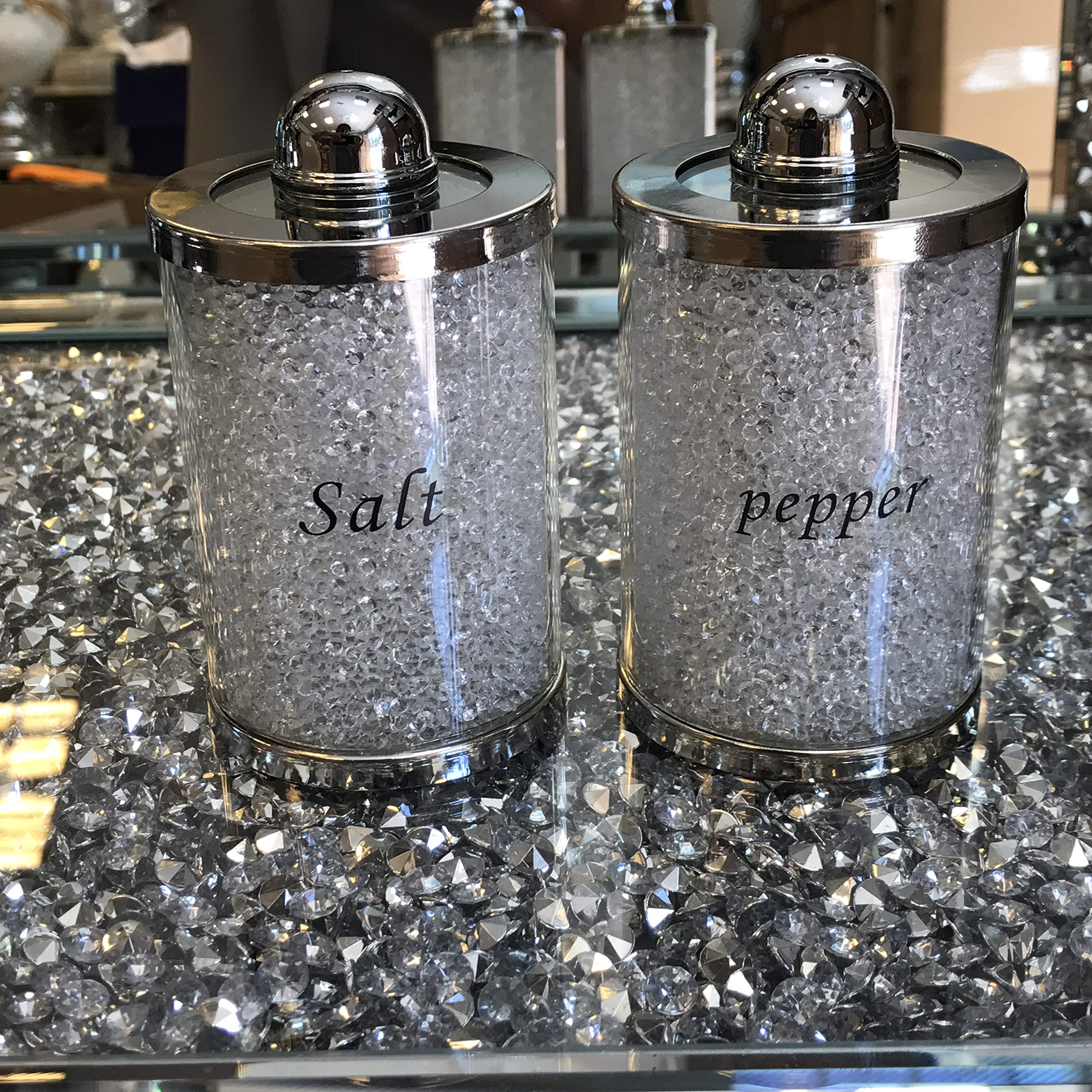 TOV® Diamond Crushed Salt Pepper CANISTERS Jars Storage White Trimmings Crystal Filled